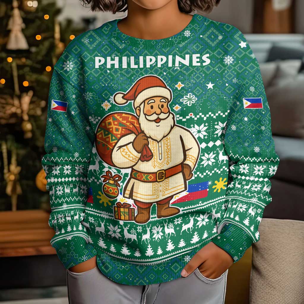 Philippines Christmas Kid Ugly Christmas Sweater with Green Geometric Design, Santa in Barong Tagalog, and National Coat of Arms Motif - Wonder Print Shop
