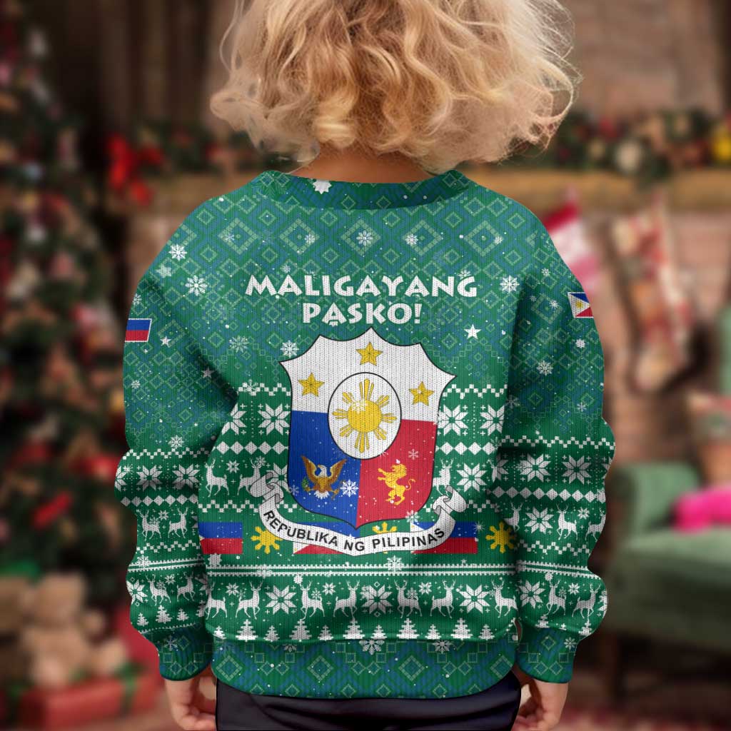 Philippines Christmas Kid Ugly Christmas Sweater with Green Geometric Design, Santa in Barong Tagalog, and National Coat of Arms Motif - Wonder Print Shop