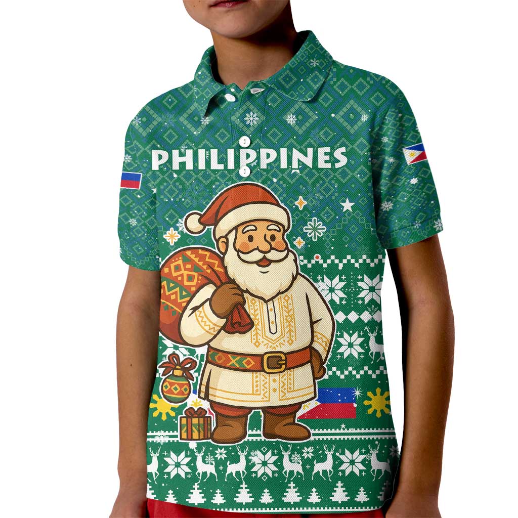 Philippines Christmas Kid Polo Shirt with Green Geometric Design, Santa in Barong Tagalog, and National Coat of Arms Motif - Wonder Print Shop