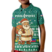 Philippines Christmas Kid Polo Shirt with Green Geometric Design, Santa in Barong Tagalog, and National Coat of Arms Motif - Wonder Print Shop