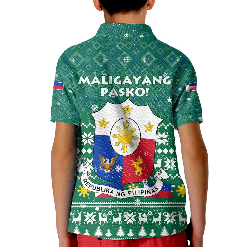 Philippines Christmas Kid Polo Shirt with Green Geometric Design, Santa in Barong Tagalog, and National Coat of Arms Motif - Wonder Print Shop