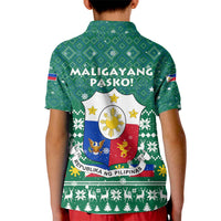 Philippines Christmas Kid Polo Shirt with Green Geometric Design, Santa in Barong Tagalog, and National Coat of Arms Motif - Wonder Print Shop