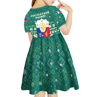 Philippines Christmas Kid Short Sleeve Dress with Green Geometric Design, Santa in Barong Tagalog, and National Coat of Arms Motif - Wonder Print Shop