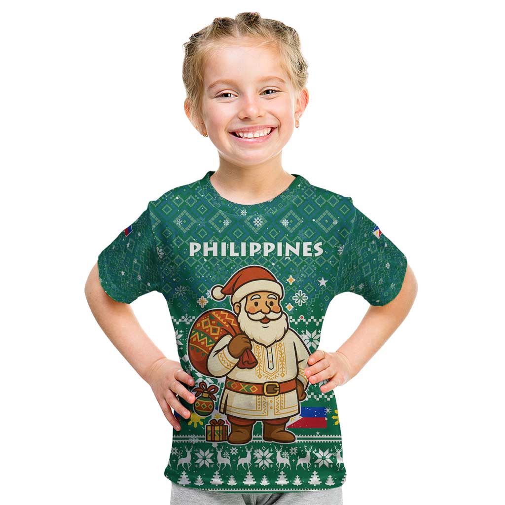 Philippines Christmas Kid T Shirt with Green Geometric Design, Santa in Barong Tagalog, and National Coat of Arms Motif - Wonder Print Shop