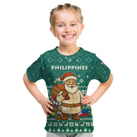 Philippines Christmas Kid T Shirt with Green Geometric Design, Santa in Barong Tagalog, and National Coat of Arms Motif - Wonder Print Shop