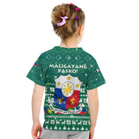 Philippines Christmas Kid T Shirt with Green Geometric Design, Santa in Barong Tagalog, and National Coat of Arms Motif - Wonder Print Shop