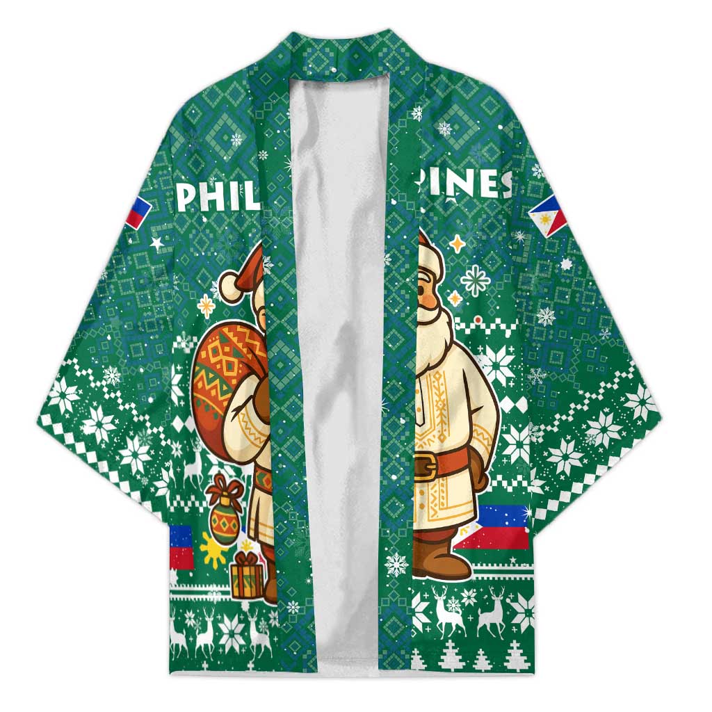 Philippines Christmas Kimono with Green Geometric Design, Santa in Barong Tagalog, and National Coat of Arms Motif - Wonder Print Shop