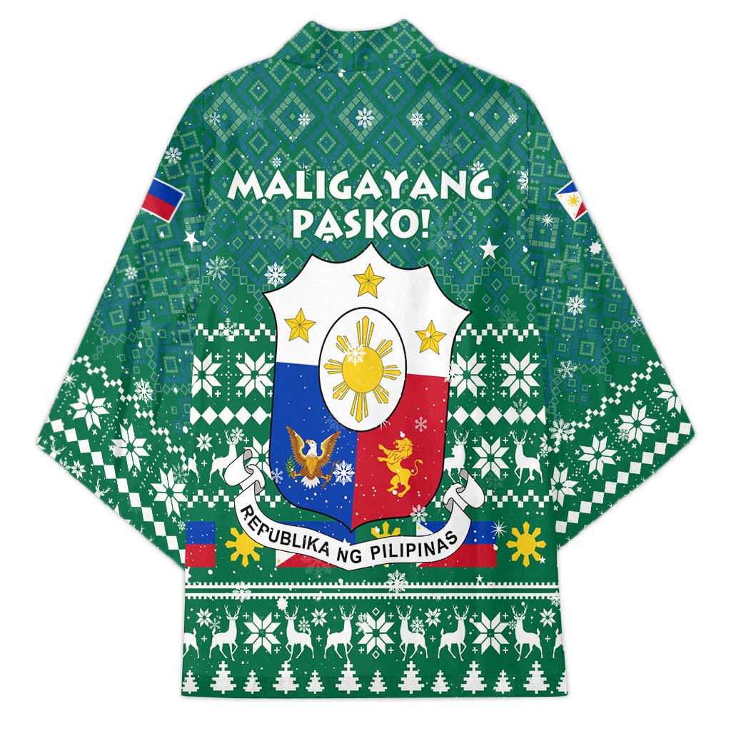 Philippines Christmas Kimono with Green Geometric Design, Santa in Barong Tagalog, and National Coat of Arms Motif - Wonder Print Shop