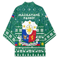 Philippines Christmas Kimono with Green Geometric Design, Santa in Barong Tagalog, and National Coat of Arms Motif - Wonder Print Shop