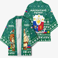 Philippines Christmas Kimono with Green Geometric Design, Santa in Barong Tagalog, and National Coat of Arms Motif - Wonder Print Shop