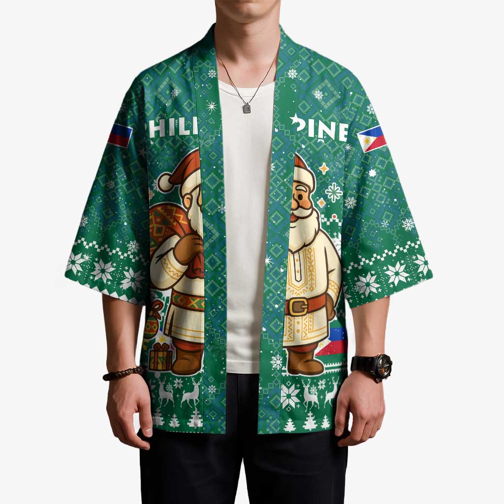 Philippines Christmas Kimono with Green Geometric Design, Santa in Barong Tagalog, and National Coat of Arms Motif - Wonder Print Shop