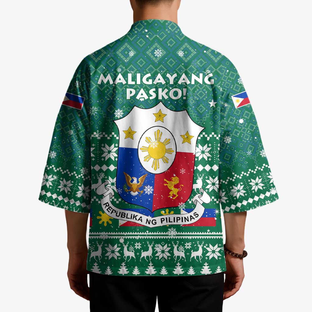 Philippines Christmas Kimono with Green Geometric Design, Santa in Barong Tagalog, and National Coat of Arms Motif - Wonder Print Shop