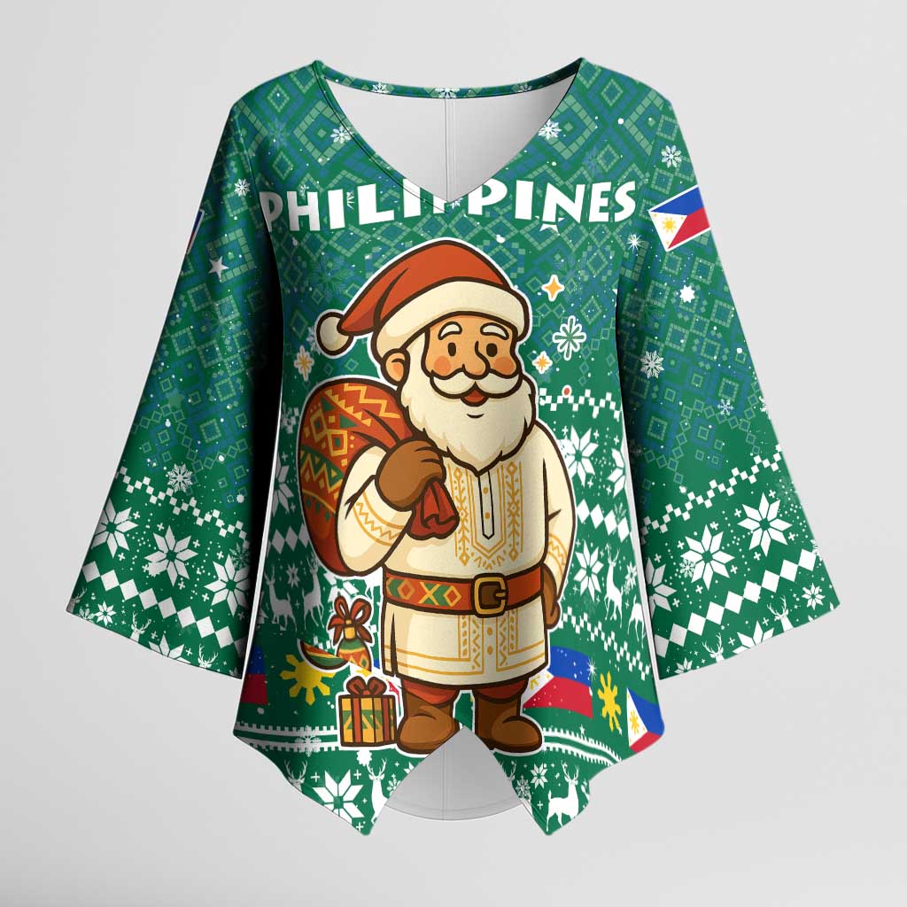 Philippines Christmas Kimono Sleeve Blouse with Green Geometric Design, Santa in Barong Tagalog, and National Coat of Arms Motif - Wonder Print Shop