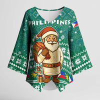 Philippines Christmas Kimono Sleeve Blouse with Green Geometric Design, Santa in Barong Tagalog, and National Coat of Arms Motif - Wonder Print Shop