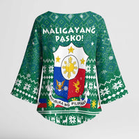 Philippines Christmas Kimono Sleeve Blouse with Green Geometric Design, Santa in Barong Tagalog, and National Coat of Arms Motif - Wonder Print Shop