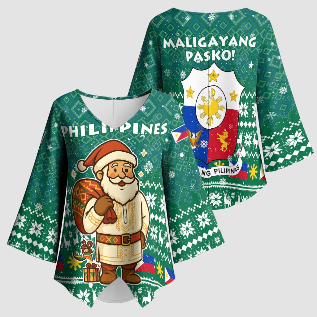 Philippines Christmas Kimono Sleeve Blouse with Green Geometric Design, Santa in Barong Tagalog, and National Coat of Arms Motif - Wonder Print Shop