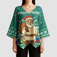 Philippines Christmas Kimono Sleeve Blouse with Green Geometric Design, Santa in Barong Tagalog, and National Coat of Arms Motif - Wonder Print Shop