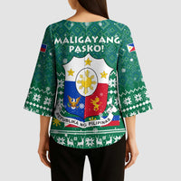 Philippines Christmas Kimono Sleeve Blouse with Green Geometric Design, Santa in Barong Tagalog, and National Coat of Arms Motif - Wonder Print Shop