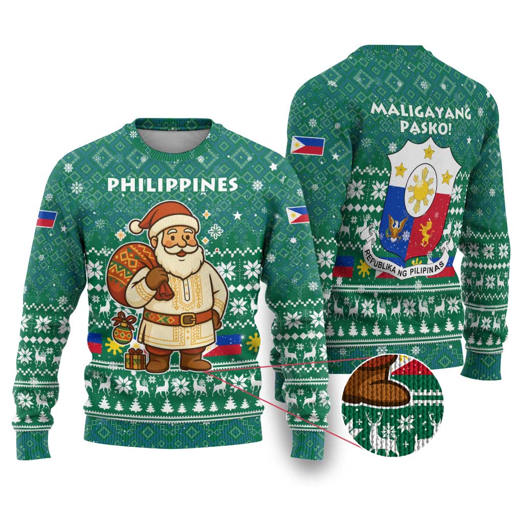 Philippines Christmas Ugly Christmas Sweater with Green Geometric Design, Santa in Barong Tagalog, and National Coat of Arms Motif - Wonder Print Shop