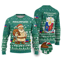 Philippines Christmas Ugly Christmas Sweater with Green Geometric Design, Santa in Barong Tagalog, and National Coat of Arms Motif - Wonder Print Shop