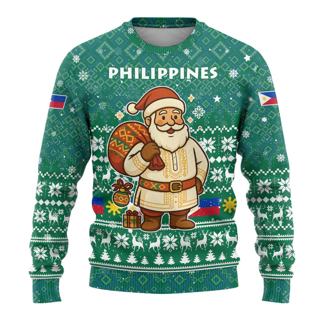 Philippines Christmas Ugly Christmas Sweater with Green Geometric Design, Santa in Barong Tagalog, and National Coat of Arms Motif - Wonder Print Shop