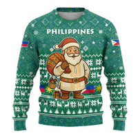 Philippines Christmas Ugly Christmas Sweater with Green Geometric Design, Santa in Barong Tagalog, and National Coat of Arms Motif - Wonder Print Shop