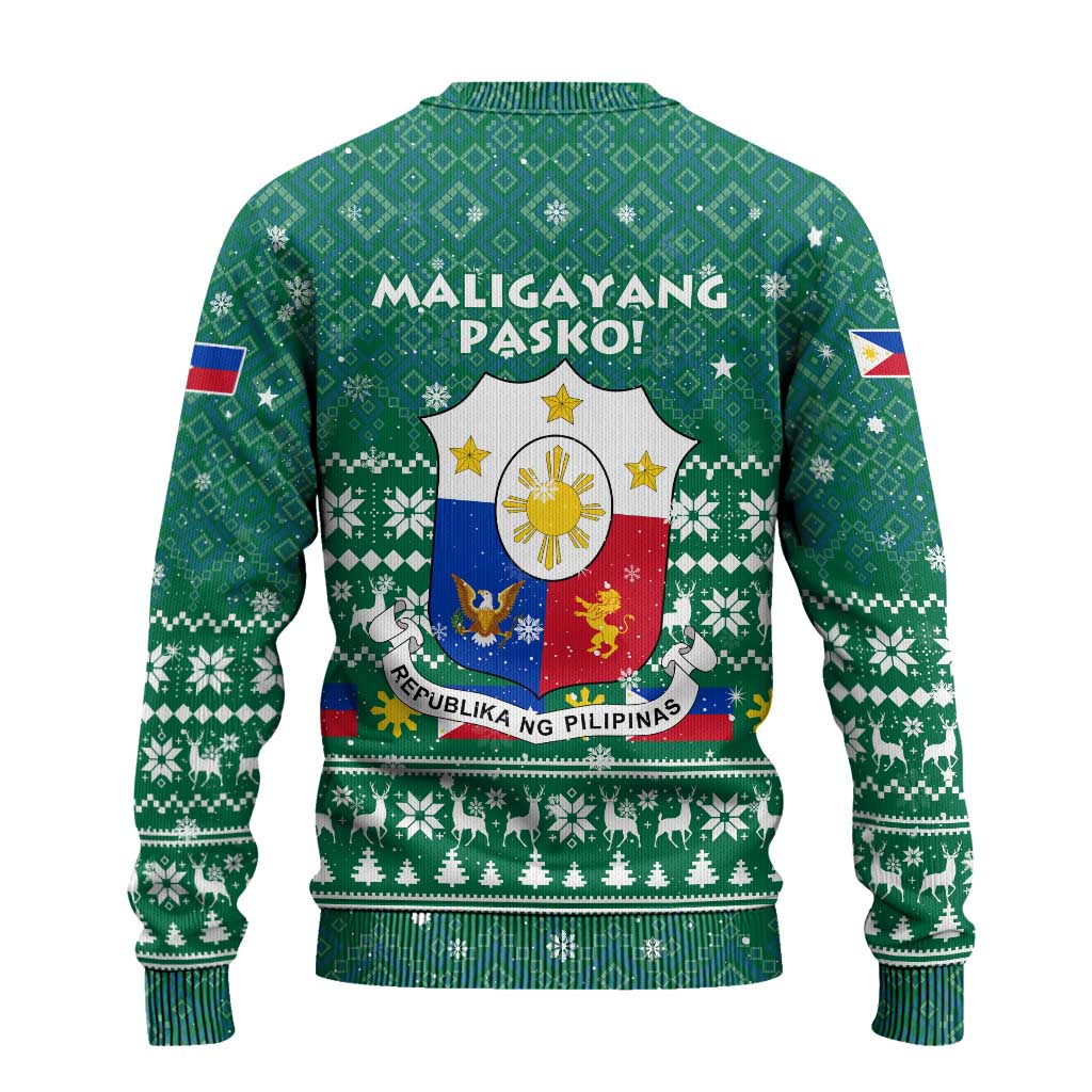 Philippines Christmas Ugly Christmas Sweater with Green Geometric Design, Santa in Barong Tagalog, and National Coat of Arms Motif - Wonder Print Shop