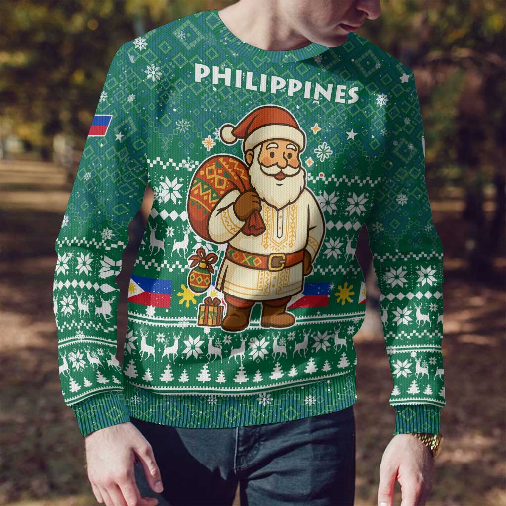 Philippines Christmas Ugly Christmas Sweater with Green Geometric Design, Santa in Barong Tagalog, and National Coat of Arms Motif - Wonder Print Shop