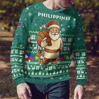 Philippines Christmas Ugly Christmas Sweater with Green Geometric Design, Santa in Barong Tagalog, and National Coat of Arms Motif - Wonder Print Shop
