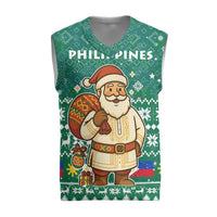 Philippines Christmas Knitted V-Neck Vest with Green Geometric Design, Santa in Barong Tagalog, and National Coat of Arms Motif - Wonder Print Shop