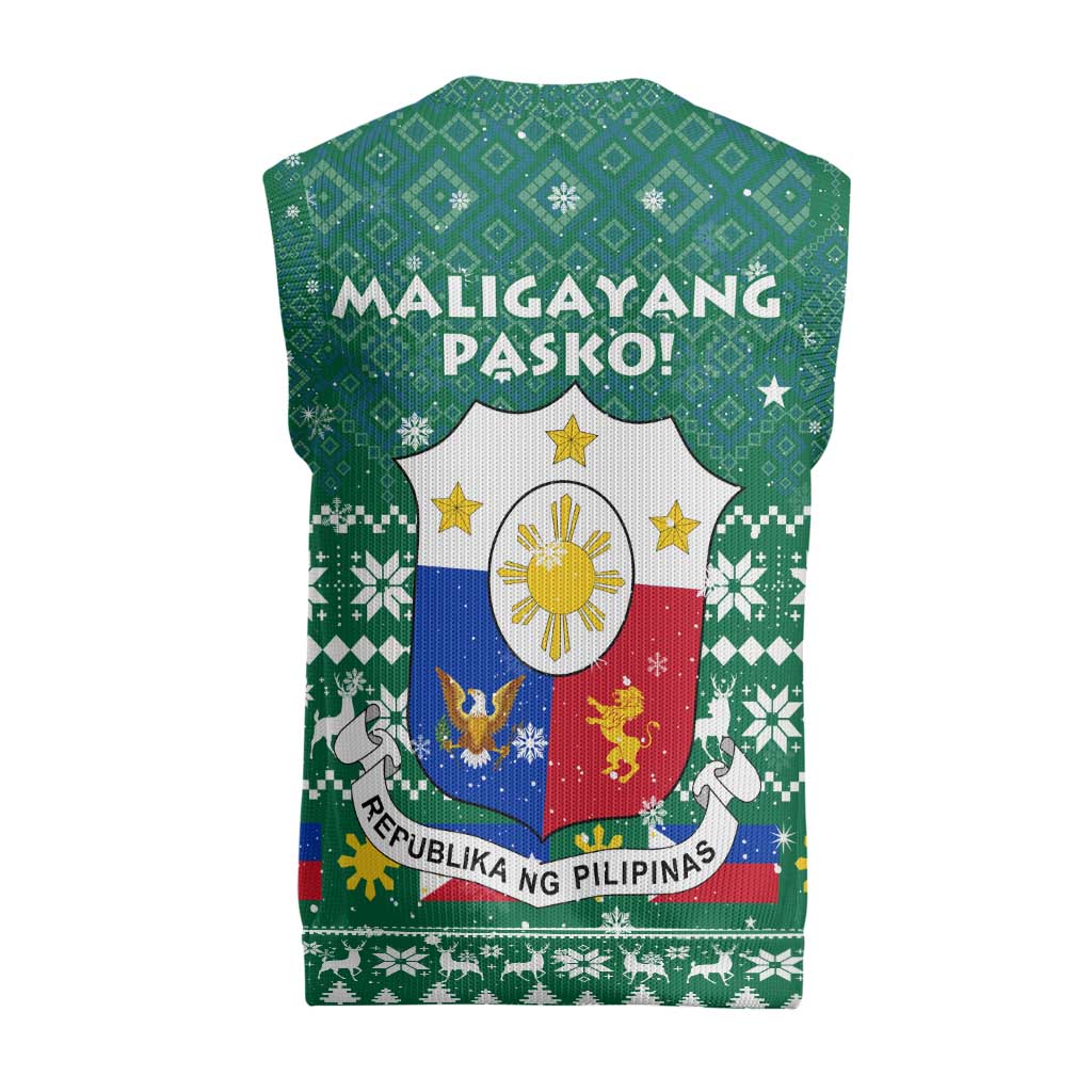 Philippines Christmas Knitted V-Neck Vest with Green Geometric Design, Santa in Barong Tagalog, and National Coat of Arms Motif - Wonder Print Shop