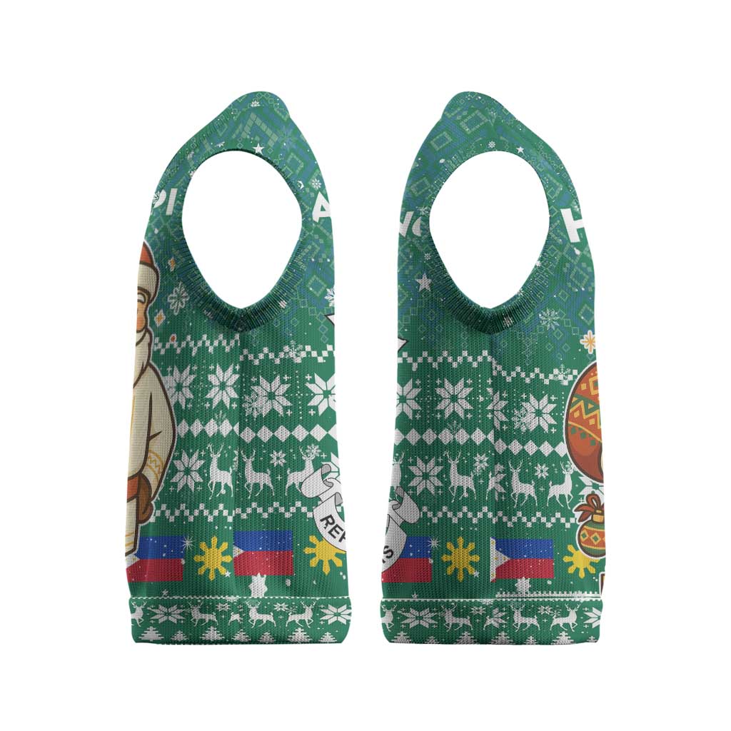 Philippines Christmas Knitted V-Neck Vest with Green Geometric Design, Santa in Barong Tagalog, and National Coat of Arms Motif - Wonder Print Shop