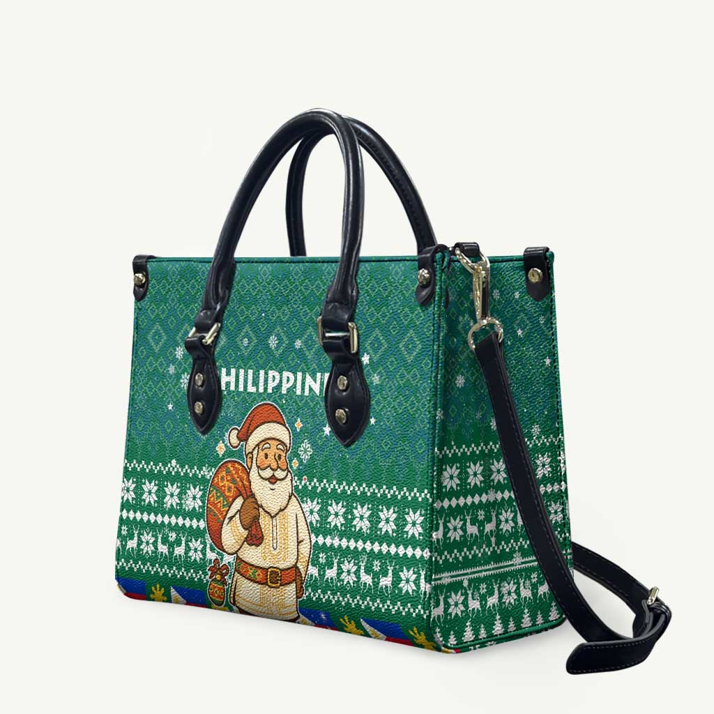 Philippines Christmas Leather Bag with Green Geometric Design, Santa in Barong Tagalog, and National Coat of Arms Motif - Wonder Print Shop
