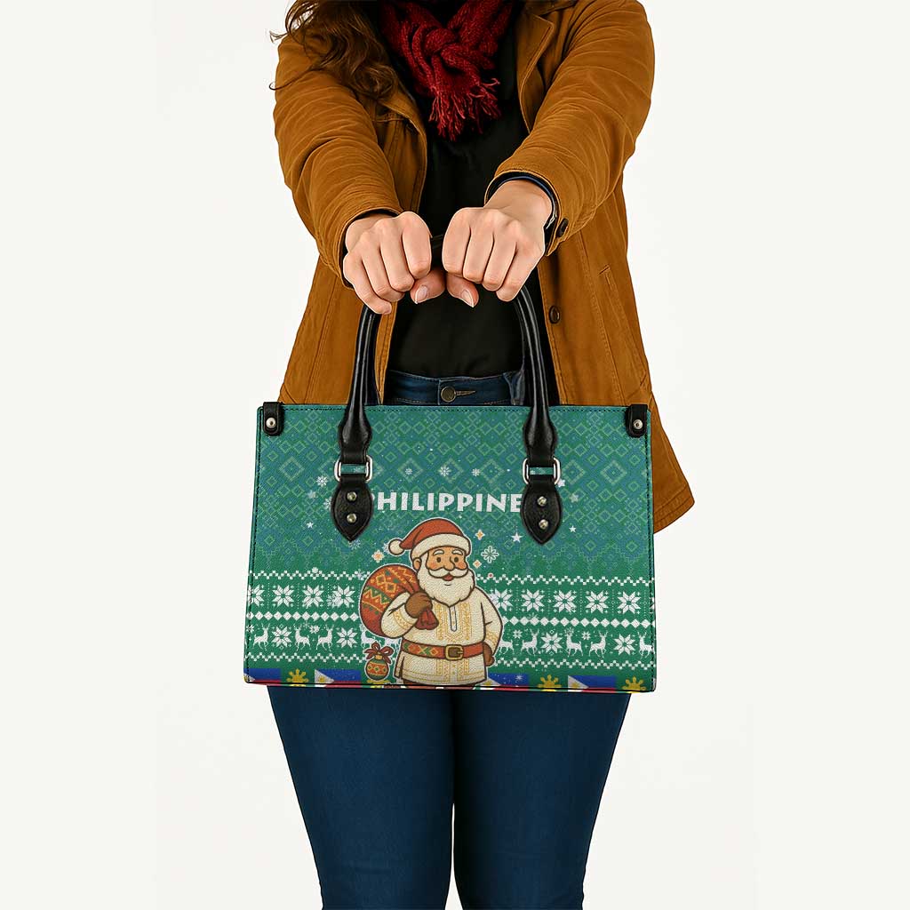 Philippines Christmas Leather Bag with Green Geometric Design, Santa in Barong Tagalog, and National Coat of Arms Motif - Wonder Print Shop