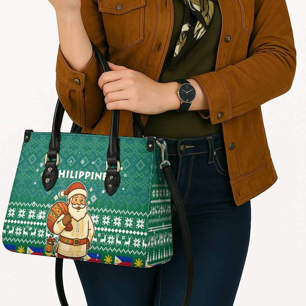 Philippines Christmas Leather Bag with Green Geometric Design, Santa in Barong Tagalog, and National Coat of Arms Motif - Wonder Print Shop