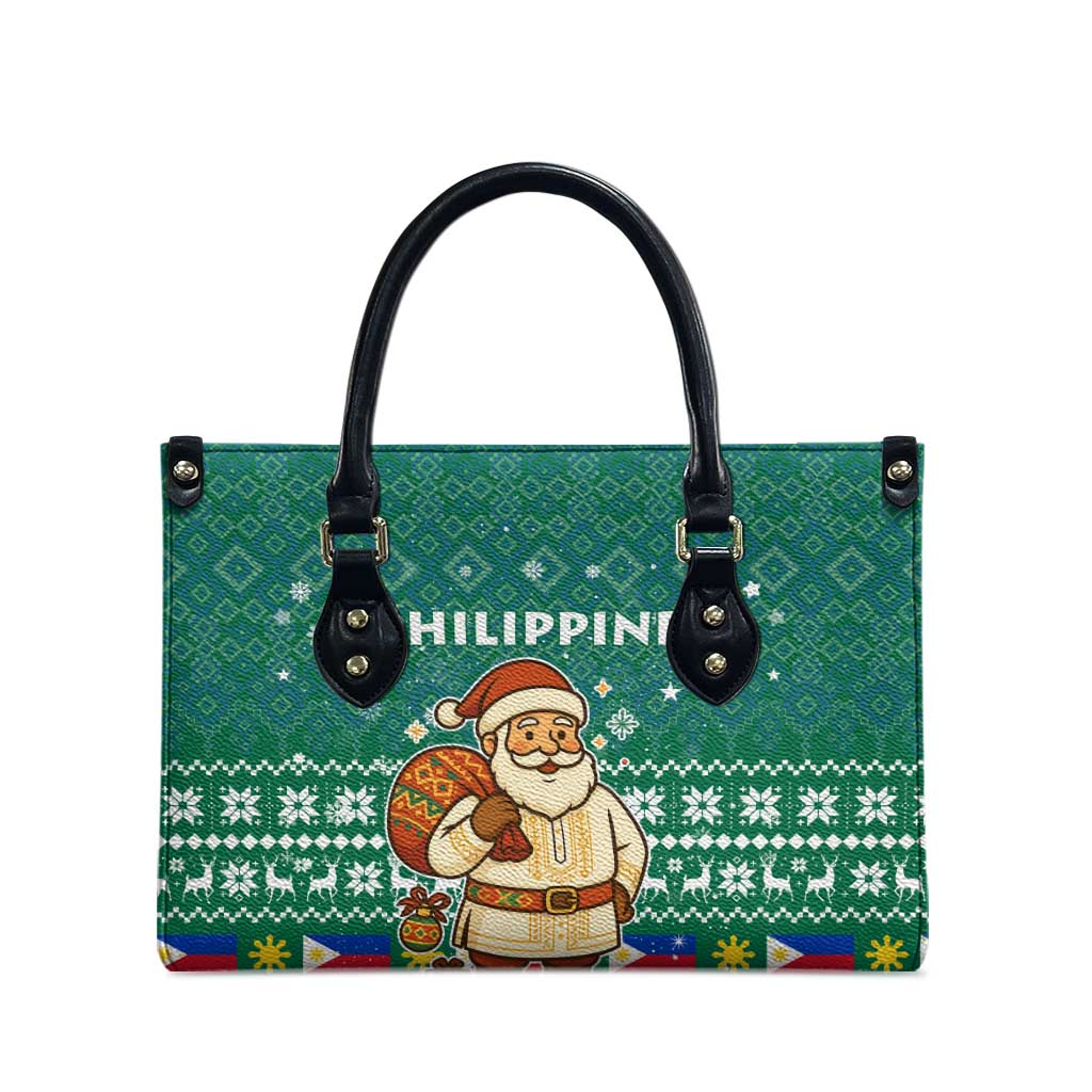 Philippines Christmas Leather Bag with Green Geometric Design, Santa in Barong Tagalog, and National Coat of Arms Motif - Wonder Print Shop