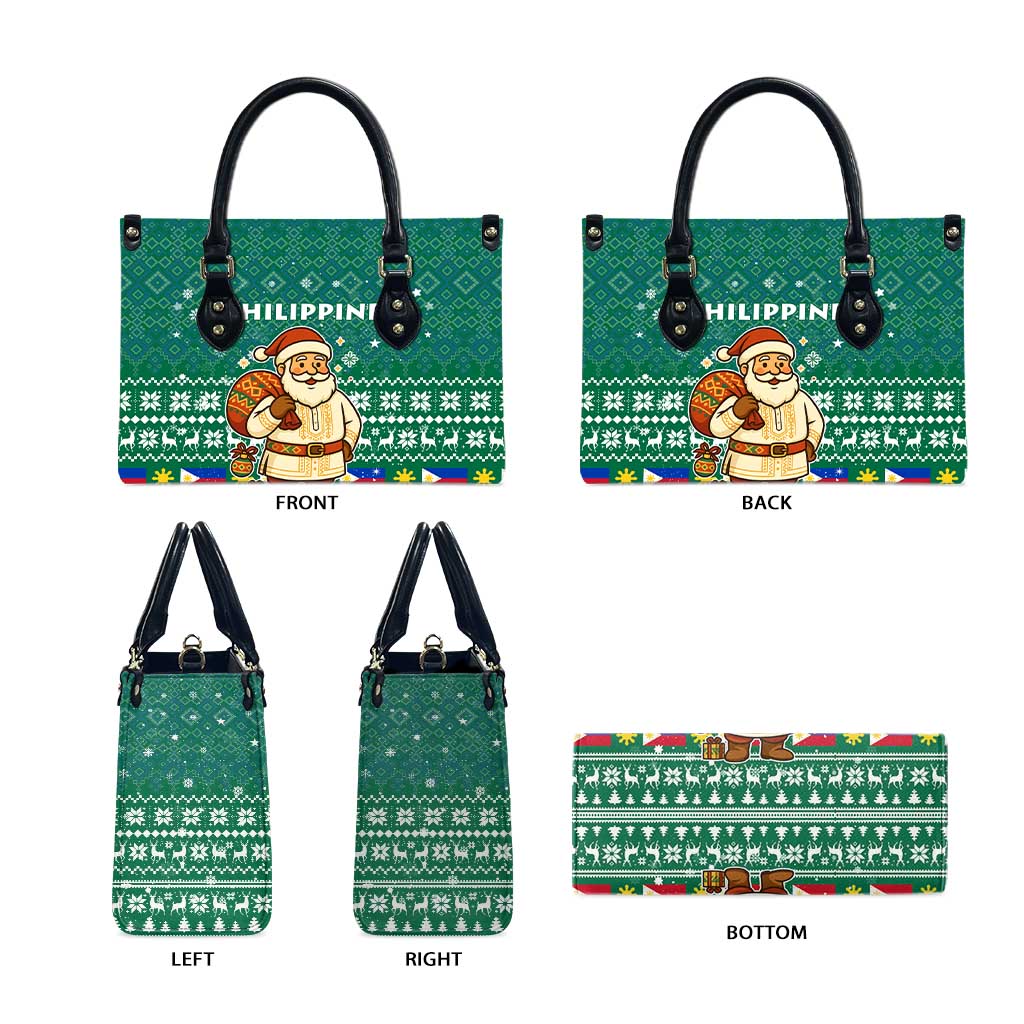 Philippines Christmas Leather Bag with Green Geometric Design, Santa in Barong Tagalog, and National Coat of Arms Motif - Wonder Print Shop