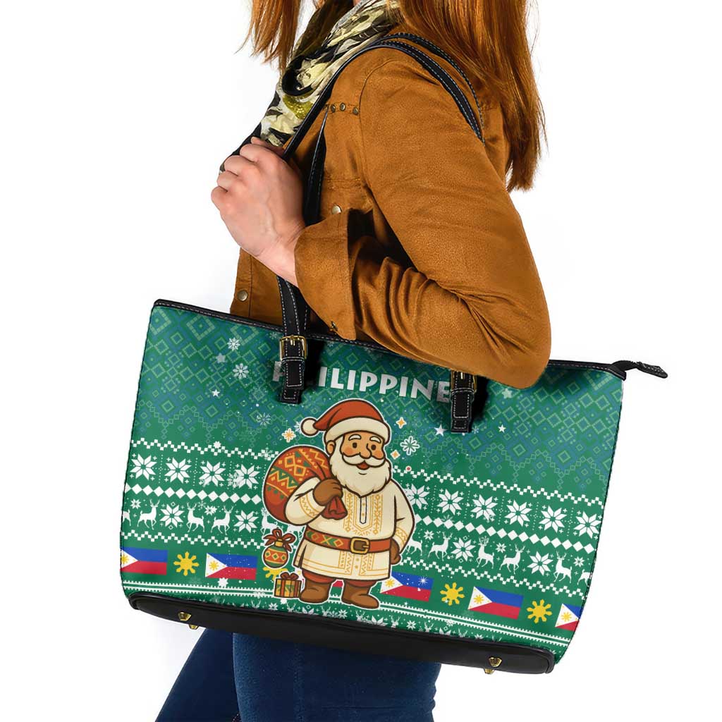 Philippines Christmas Leather Tote Bag with Green Geometric Design, Santa in Barong Tagalog, and National Coat of Arms Motif - Wonder Print Shop