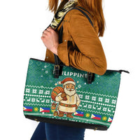 Philippines Christmas Leather Tote Bag with Green Geometric Design, Santa in Barong Tagalog, and National Coat of Arms Motif - Wonder Print Shop