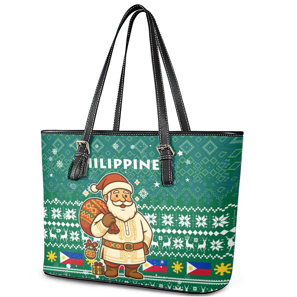 Philippines Christmas Leather Tote Bag with Green Geometric Design, Santa in Barong Tagalog, and National Coat of Arms Motif - Wonder Print Shop