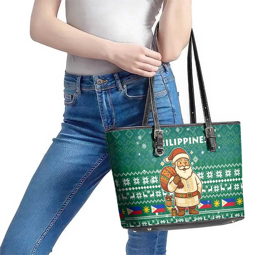 Philippines Christmas Leather Tote Bag with Green Geometric Design, Santa in Barong Tagalog, and National Coat of Arms Motif - Wonder Print Shop