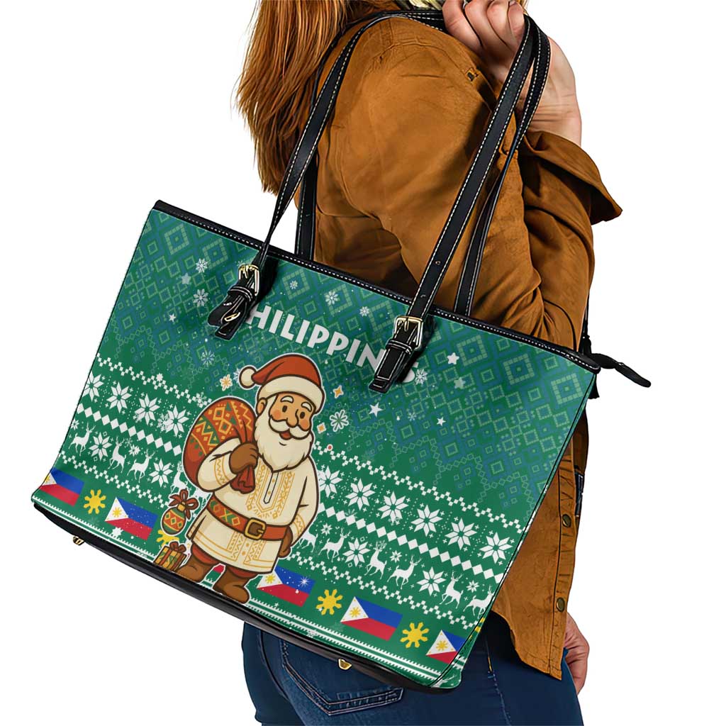 Philippines Christmas Leather Tote Bag with Green Geometric Design, Santa in Barong Tagalog, and National Coat of Arms Motif - Wonder Print Shop