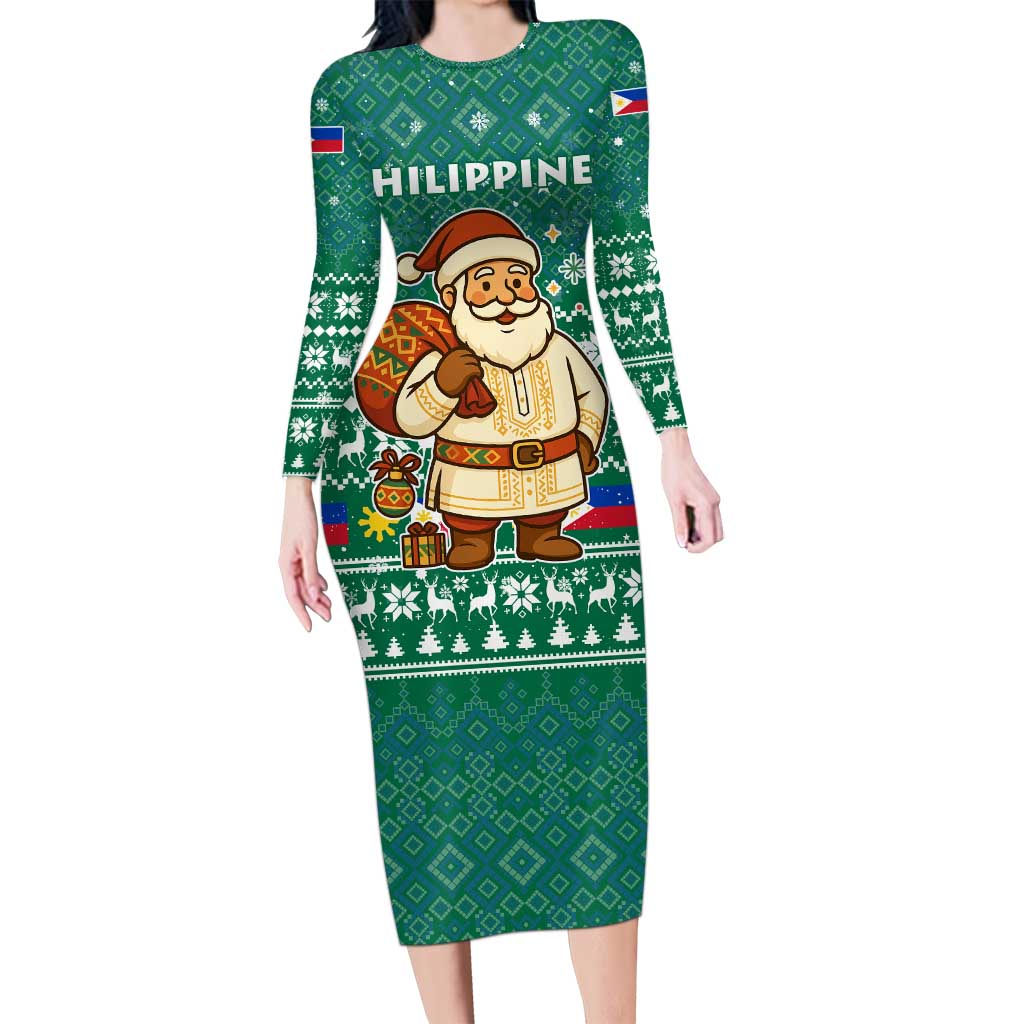 Philippines Christmas Long Sleeve Bodycon Dress with Green Geometric Design, Santa in Barong Tagalog, and National Coat of Arms Motif - Wonder Print Shop