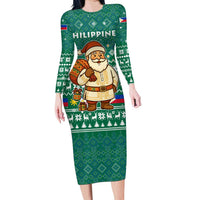 Philippines Christmas Long Sleeve Bodycon Dress with Green Geometric Design, Santa in Barong Tagalog, and National Coat of Arms Motif - Wonder Print Shop