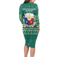 Philippines Christmas Long Sleeve Bodycon Dress with Green Geometric Design, Santa in Barong Tagalog, and National Coat of Arms Motif - Wonder Print Shop