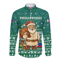Philippines Christmas Long Sleeve Button Shirt with Green Geometric Design, Santa in Barong Tagalog, and National Coat of Arms Motif - Wonder Print Shop