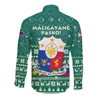 Philippines Christmas Long Sleeve Button Shirt with Green Geometric Design, Santa in Barong Tagalog, and National Coat of Arms Motif - Wonder Print Shop