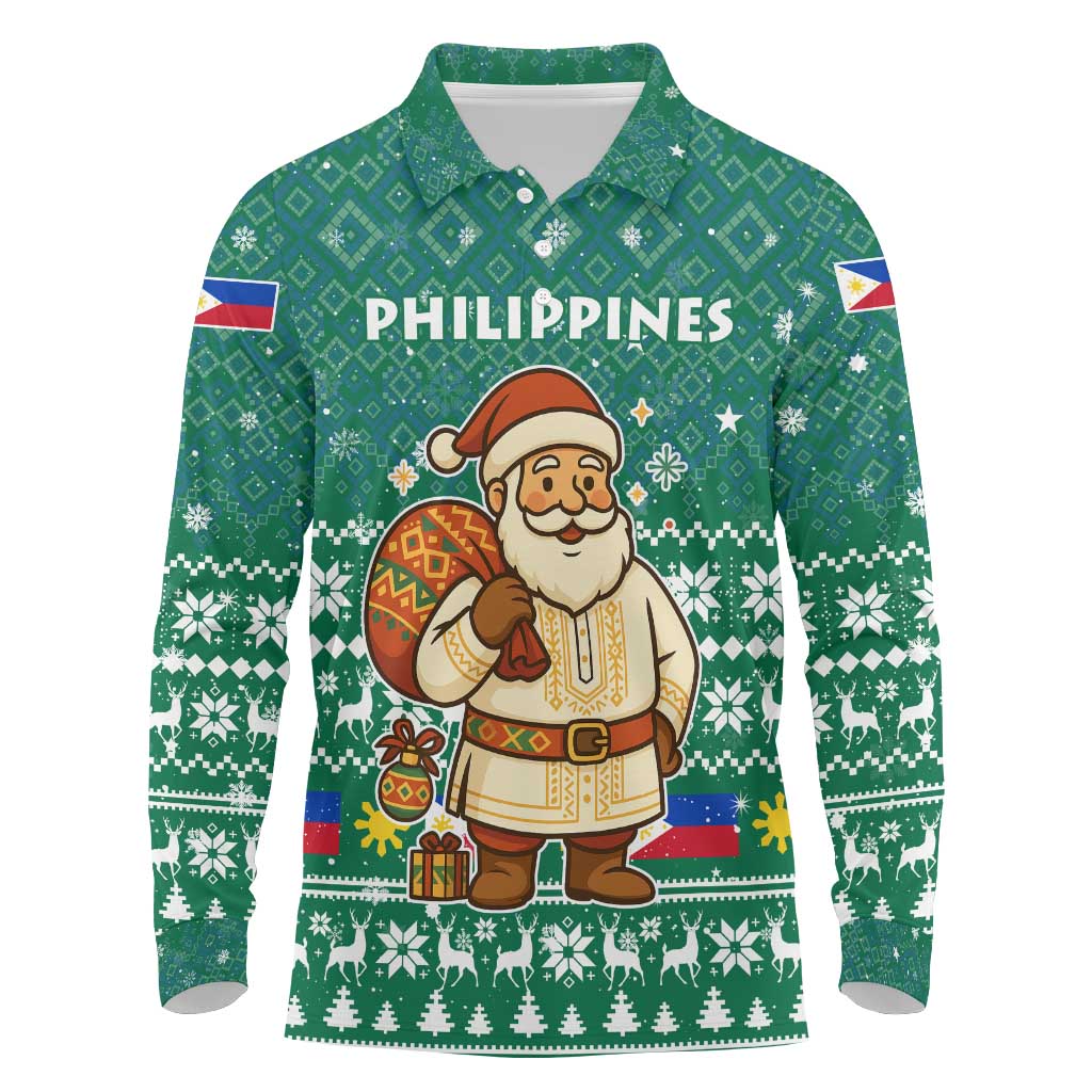 Philippines Christmas Long Sleeve Polo Shirt with Green Geometric Design, Santa in Barong Tagalog, and National Coat of Arms Motif - Wonder Print Shop