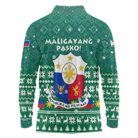 Philippines Christmas Long Sleeve Polo Shirt with Green Geometric Design, Santa in Barong Tagalog, and National Coat of Arms Motif - Wonder Print Shop