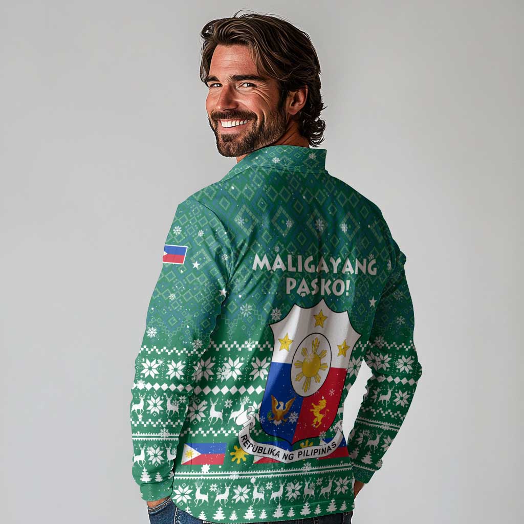 Philippines Christmas Long Sleeve Polo Shirt with Green Geometric Design, Santa in Barong Tagalog, and National Coat of Arms Motif - Wonder Print Shop